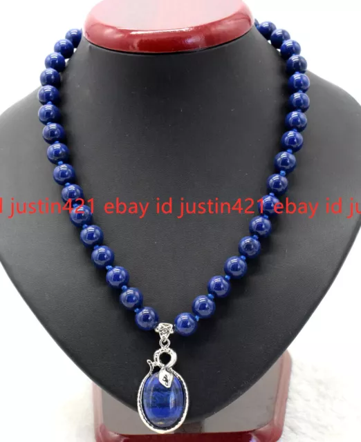 Natural 10mm Blue Lapis Lazuli Round Gemstone Beads Pendant Necklace 18" AAA