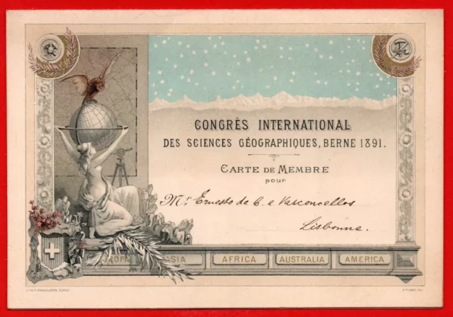 Tessera Anno 1891 Congresso Internazionale Scienze Geografiche Berna Suisse