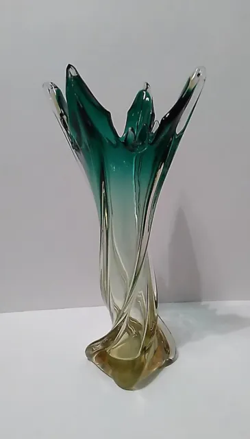 Vintage Murano Art Glass Hand Blown Yellow Green & Clear Vase Twisted