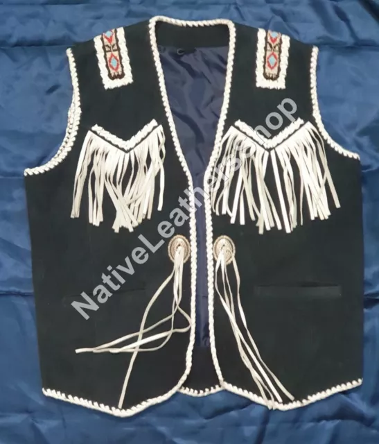 Men American Western Wear Cowboy Suede Leather Fringed Vest Beaded Bones MV4