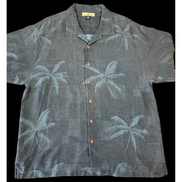 Tommy Bahama Short Sleeve Button Up Shirt 100% Silk Mens XL Palm Trees Blue