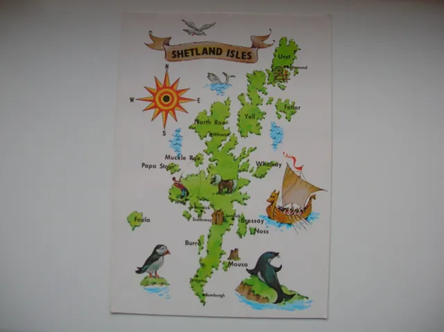 Shetland Isles Map postcard – Lerwick, Scalloway, Unst, Yell, Foula, Mousa etc.