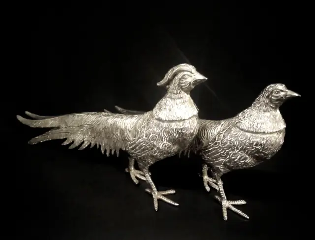 Vtg ITALY Metal Pheasant Bird Figurines Male/Female Pair Silver Plate 11.5" Long