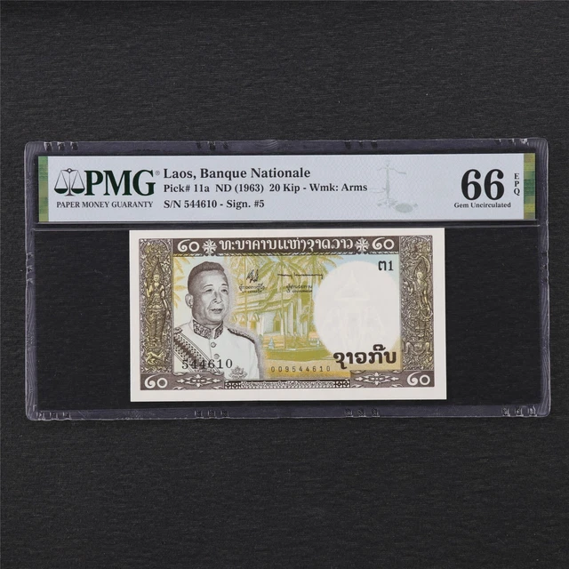 1963 Laos Banque Nationale 20 Kip Pick#11a PMG 66 EPQ Gem UNC