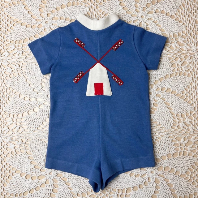 Vintage 1970s Bonwit Teller Boys 2t Blue Windmill Applique Knit Shorts Romper