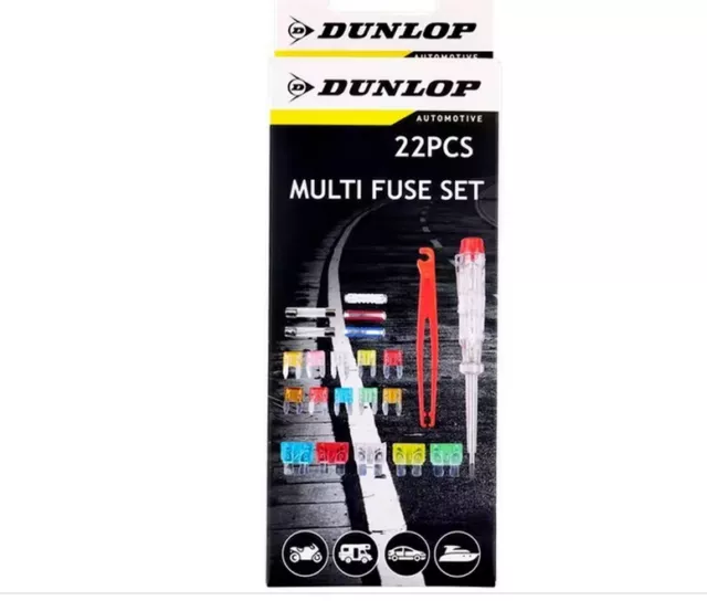 DUNLOP Set de Fusible 22 pcs Auto Moto Camping + Tournevis Testeur + Extracteur