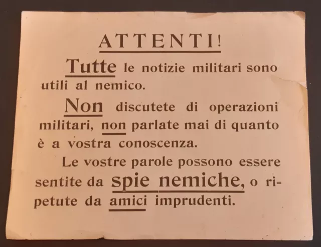 ww2 volantino di propaganda bellica spionaggio attenti il nemico ci ascolta