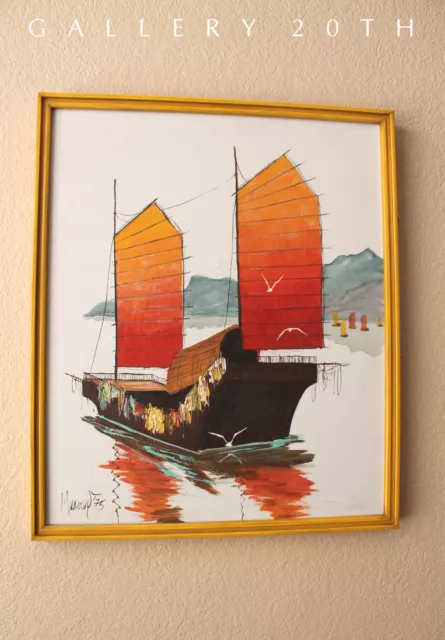 Gorgeous! Mid Century Modern Orig Oil Painting! Vtg Sea Harbor  Boat Art 60S 70S