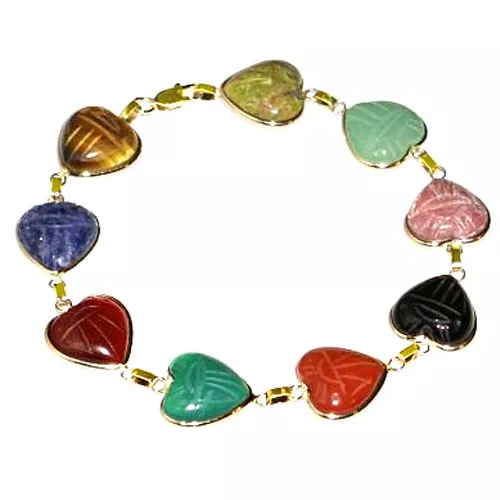 Handmade 14K Yellow Gold Heart Shaped Gemstone Scarab Bracelet 8 Inches