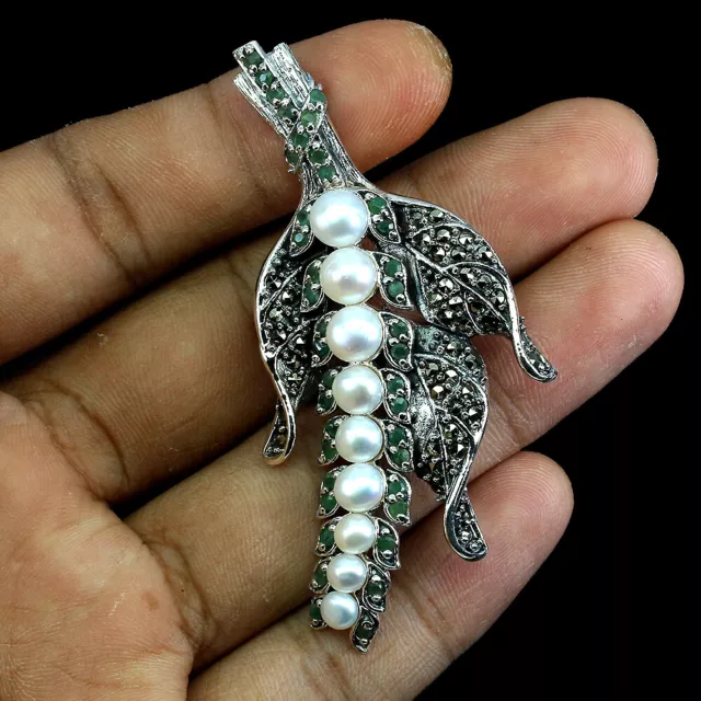 Round White Pearl 6mm Emerald Marcasite 925 Sterling Silver Big Brooch