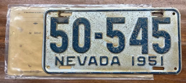 Good, Rock Solid 1951 Nevada Passenger Car License Plate, 50-545, With Envelope