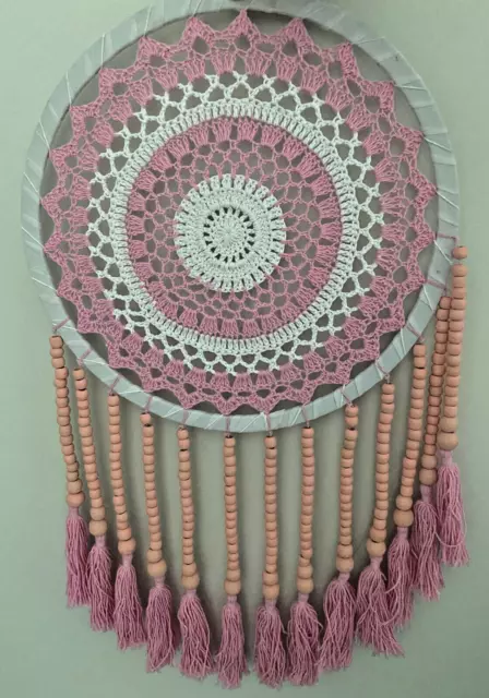 Pink Gradient White Beaded Tassels Crochet Dream Catcher Wall Hanging Art Decor