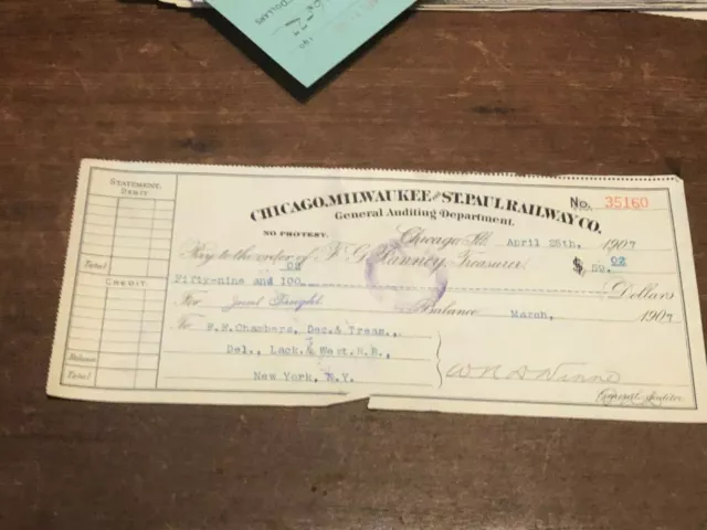 1907 Vintage Chicago IL Railroad Bank Check Chicago Milwaukee & St. Paul Railway