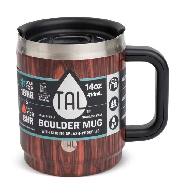 14 oz Stainless Steel Double Wall Boulder Mug Cup Coffee Tea Gift Wood Color New