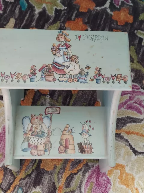 Vintage Child's Wooden Hand Painted Step Stool 12" Tall