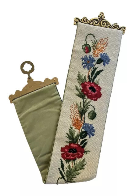 Vtg Wool Needlepoint Bell Pull Wall Hanging Floral Tapestry Brass Hardware 41”