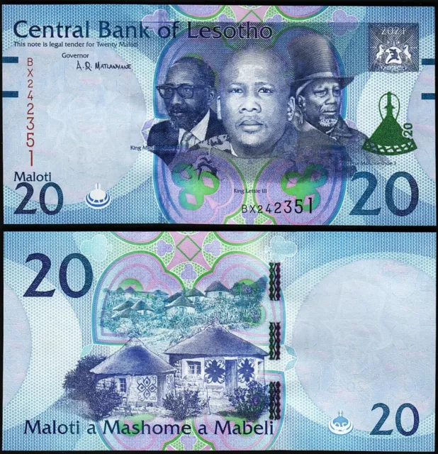 Banknote - 2021 Lesotho, 20 Maloti TBB228 UNC, Portraits of Kings, Round houses