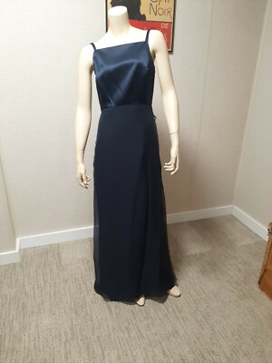Vera Wang White navy blue chiffon long formal  dress bridesmaid gown 10