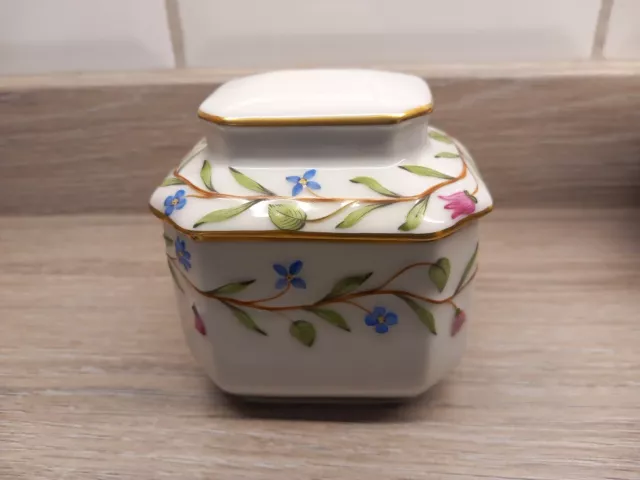 Herend Hungarian Hand Painted Lidded Trinket Pot, Floral Decoration Gilt Edges