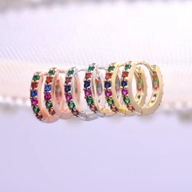 Sterling Silver Rainbow Huggie Hoop Earrings, CZ Pave Rainbow Colour Hoops