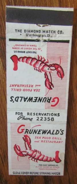 Animal Lobster Matchbook Matchcover: Grunewald's Seafood (Richmond, Indiana) -F1