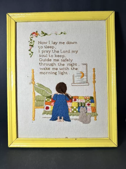 Vtg Embroidery Bedtime Prayer Girl Kitty Cat Retro Yellow Frame 15.5x12.5 *read