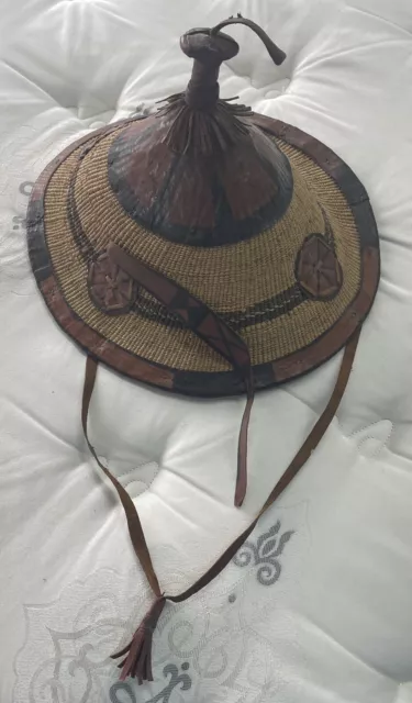 antique WEST AFRICAN TUAREG HAND-WOVEN FULANI SUN HAT vintage LEATHER & STRAW