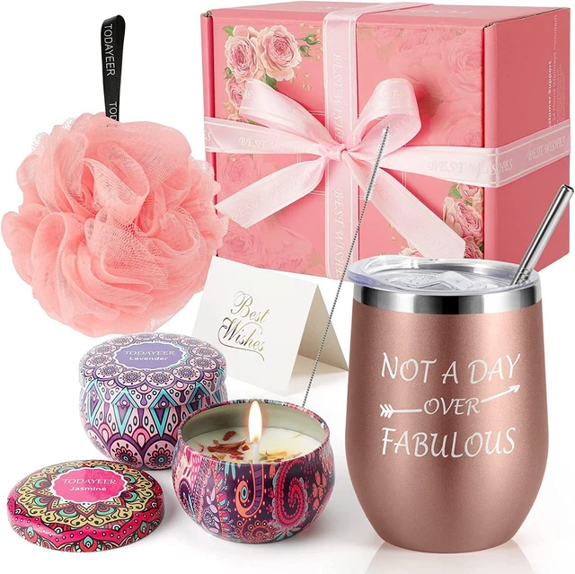 Bath Gift Set for Women Mom Friends Insulated Wine Tumbler Loofah & Soy Candles