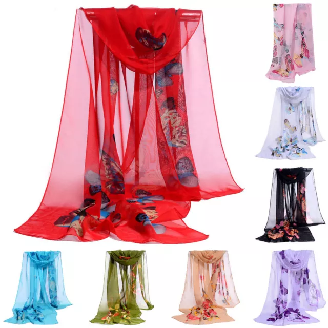 Fashion Womens Chiffon Silk Soft Long Wrap Butterfly Print Shawl Scarf US