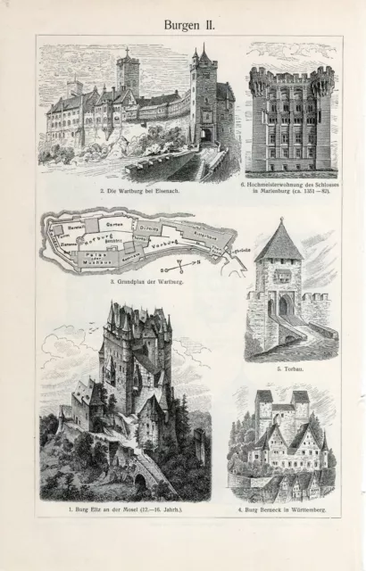 Antique Engraving Castles Antique Prints Meyers Lexikon 1 Page Images Both Sides 3