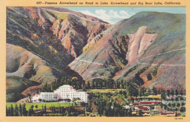 Arrowhead on Road to Lake Arrowhead & Big Bear Lake California Postcard 1930's