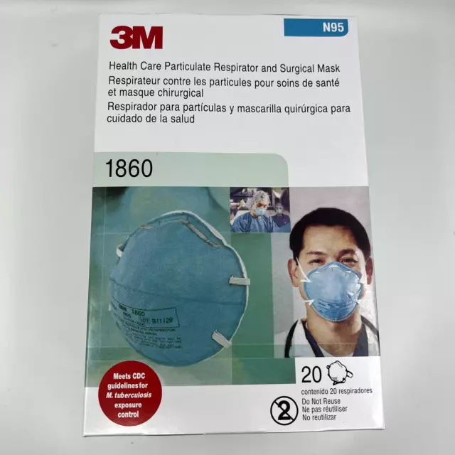 New 3M 1860 N95 Surgical Particulate Respirator Face Masks Box of 20, Exp. 2025