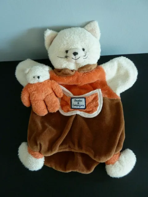 *. Doudou Et Compagnie Marionnette Chat Beige Marron  Poche + Bebe  Orange Tbe