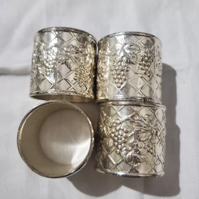 Silver Plated Napkin Rings w/Grape Design-Set of 4-Vintage-Tarnish Protected