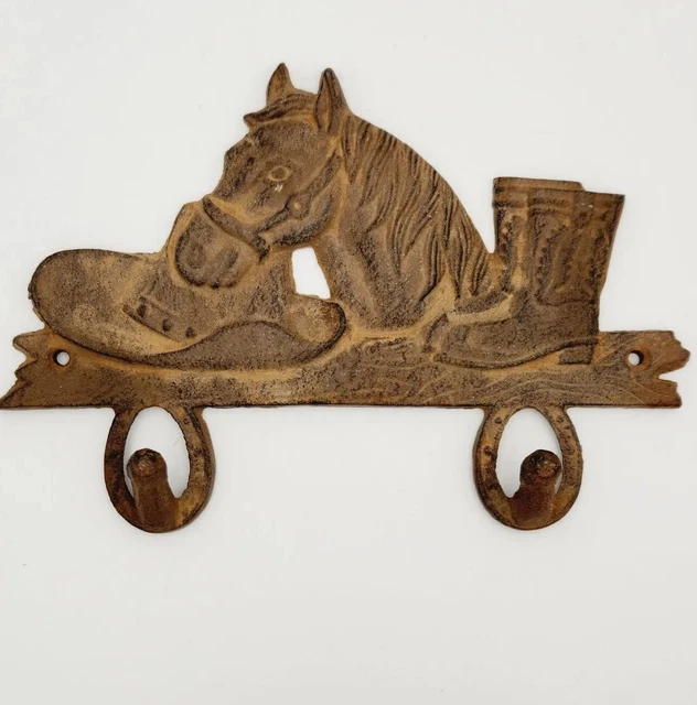 Western Cast Iron Coat Hook Key Hanger Horse Cowboy Hat Boots Barn Brown Metal