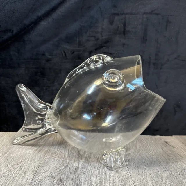 Large Hand Blown Clear Glass Wide Mouth Fish Blenko Style Vase Terrarium Bowl