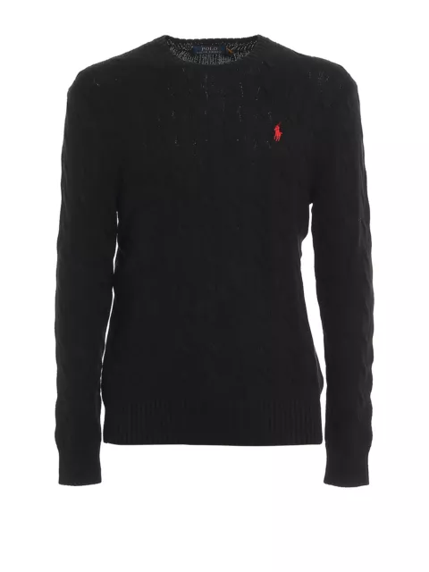 Ralph Lauren Crew Neck Cable Knit Sweater Cotton Men's Black Size Large