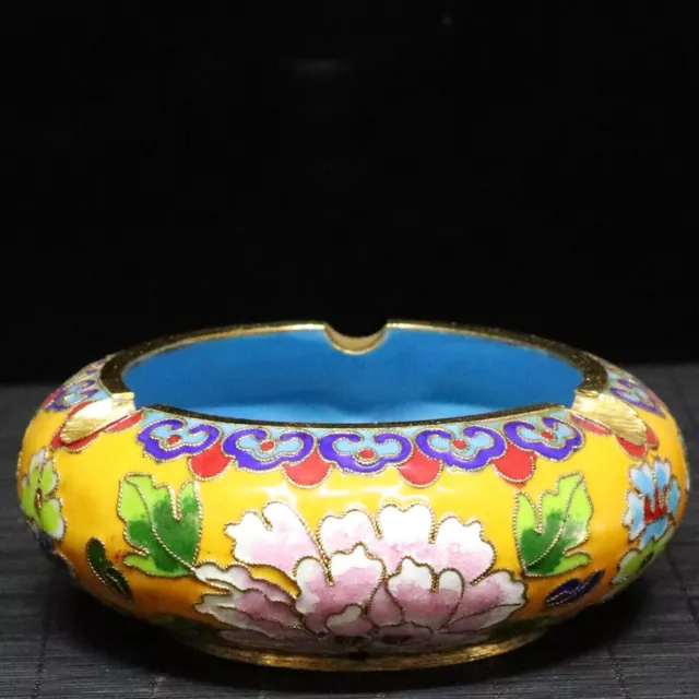Chinese Copper Cloisonne Enamel Handmade Exquisite Flower Ashtray yellow