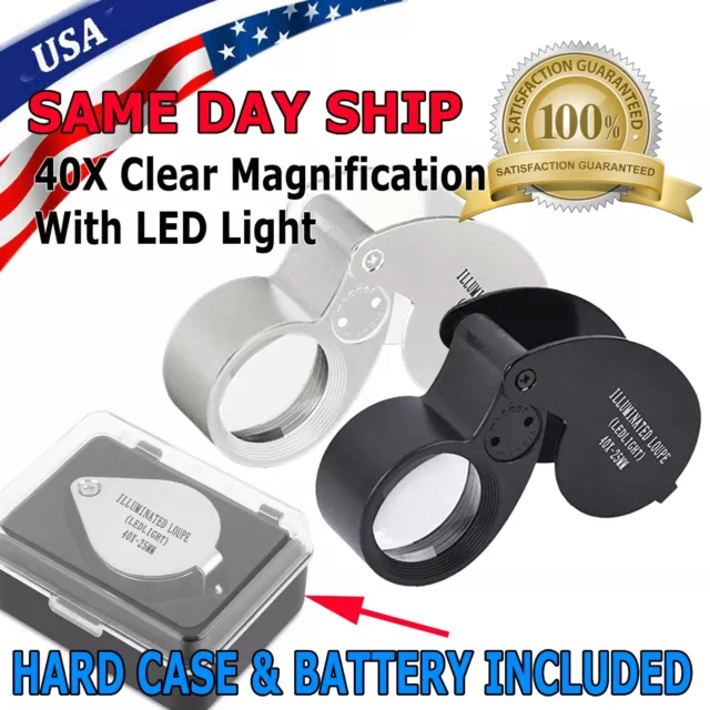 40X Magnifying Loupe Jewelry Eye Glass Magnifier LED Light Jewelers Loop Pocket