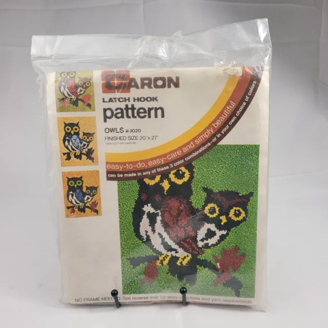 Caron Owls Latch Hook Alfombra Patrón de lona 20x27 #3020 1977 Vintage