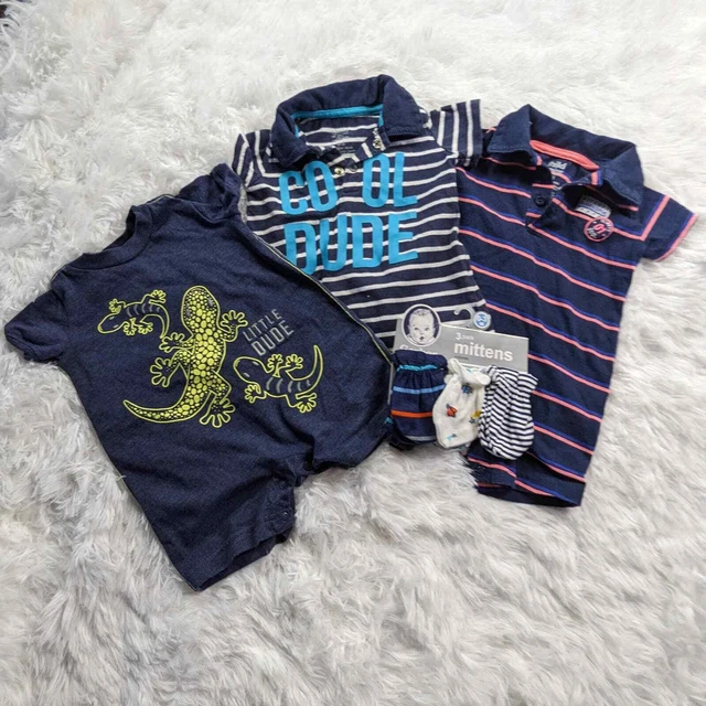 0-3M Infant Baby Boy Summer Short Romper Bundle Lot Clothing Outfit Mittens Blue