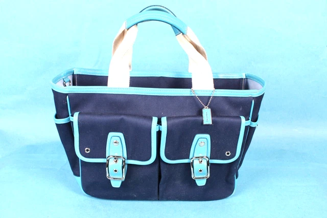 Coach B04Q-6734 Color Block Blue Leather Canvas Tote Bag Purse Women's