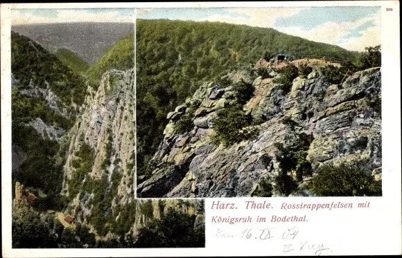 Ak Thale im Harz, Rosstrappenfelsen mit Königsruh im Bodetal - 4100751