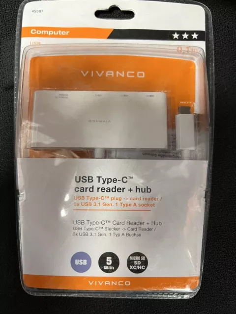 Vivanco 45387 USB C Card Reader Kartenlesegerät USB Hub 3x USB Mirco SD / SD HC