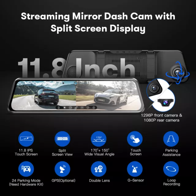 AZDOME 1080P HD Dual AutoKamera 10" Mirror Dashcam Streaming Medien berühren GPS 2