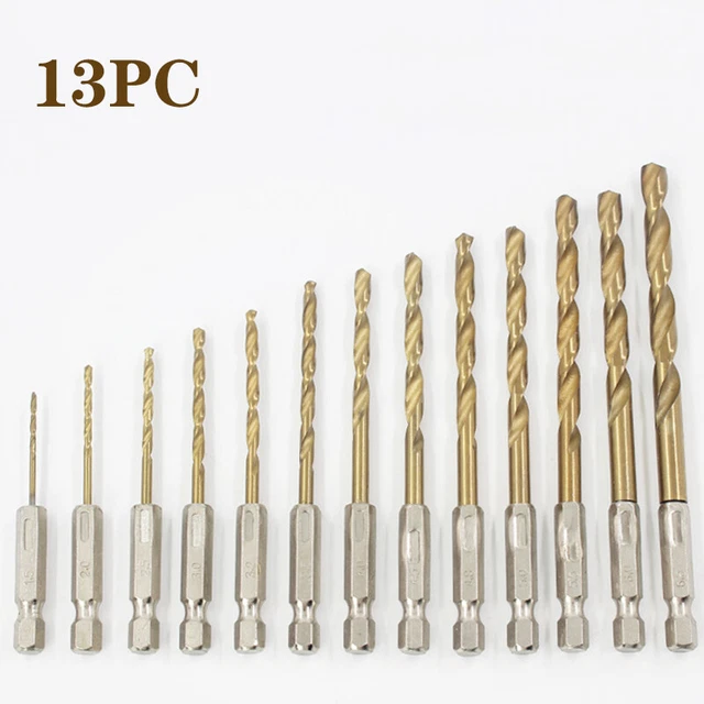 13PC Titanium HSS Drill Bit Set Wood/Plastic/Metal Small-Large 1/4" Hex Shank