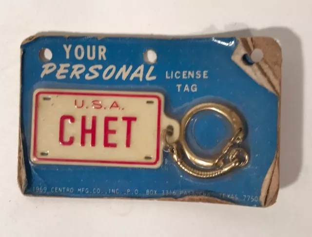 NOS Vintage 1969 Personal License Plate Tag Keychain Personalized - Chet