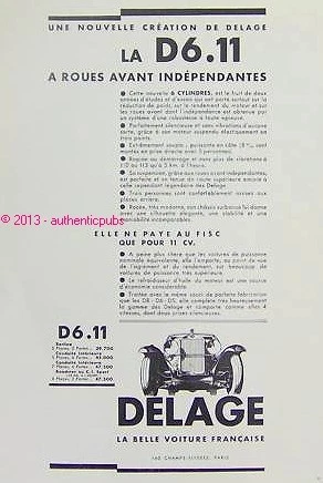 1932 La D6 11 Independent Front Wheel Delage Car Advertisement French Ad Car