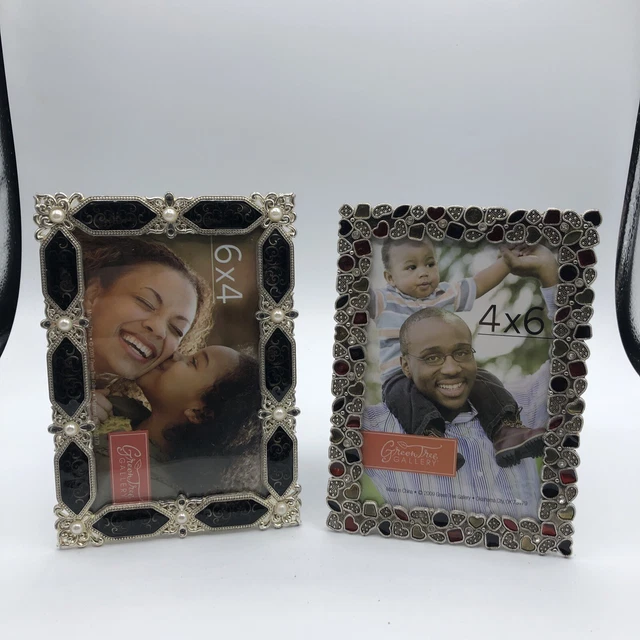 2 Green Tree Picture Frame Metal Different Color Jeweled Beads Gorgeous 4x6 6x4