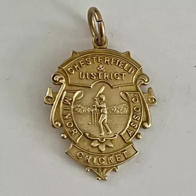 Antique 9Ct Gold Fob Pendant Cricket Medal 1930 Birmingham 4.03G Fattorini & Son